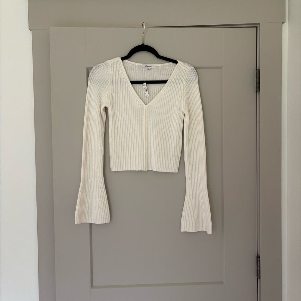 NWT Madewell Cropped Ribbed V-Neck Sweater in Cream Size S